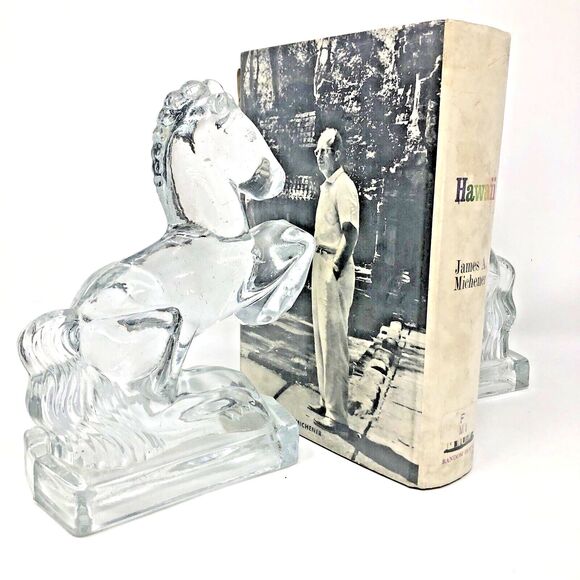 LE Smith Glass Horse Bookends Clear Equestrian Vintage MCM 8" tall Set of 2 - Picture 3 of 12
